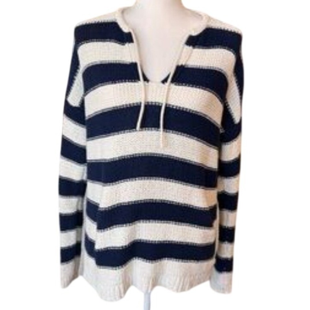 Lands End Womens Large Navy Blue White Striped Knit Split V-Neck Sweater L 14-16